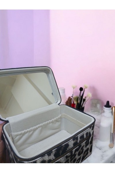 Kozmetik Makyaj Çantası Aynalı Seyahat Seti Makyaj Aksesuarları Düzenleyici LEOPAR KAHVE