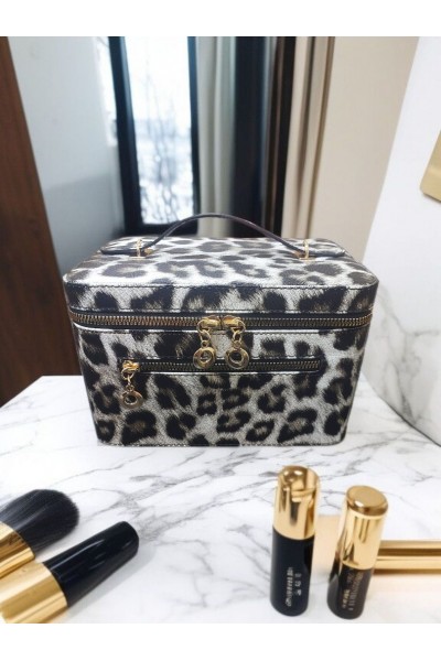 Kozmetik Makyaj Çantası Aynalı Seyahat Seti Makyaj Aksesuarları Düzenleyici LEOPAR SİYAH