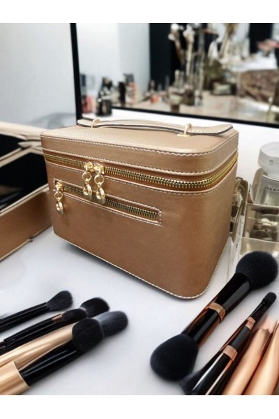 Kozmetik Makyaj Çantası Aynalı Seyahat Seti Makyaj Aksesuarları Düzenleyici BAKIR