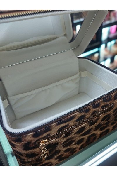 Kozmetik Makyaj Çantası Aynalı Seyahat Seti Makyaj Aksesuarları Düzenleyici LEOPAR KAHVE