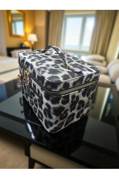 Kozmetik Makyaj Çantası Aynalı Seyahat Seti Makyaj Aksesuarları Düzenleyici LEOPAR SİYAH