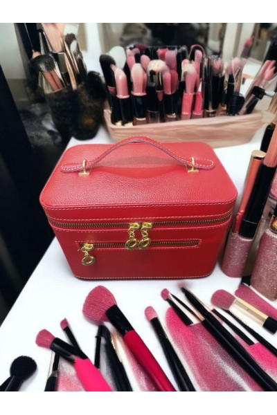 Kozmetik Makyaj Çantası Aynalı Seyahat Seti Makyaj Aksesuarları Düzenleyici KIRMIZI
