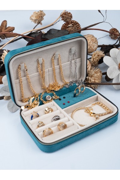 BÜYÜK BOY (14×21) DÜZENLEYİCİ TAKI SAKLAMA KUTUSU SEYAHAT MÜCEVHER ÇANTASİ DERİ AHŞAP KASA BÜYÜK BOY KADİFE PETROL MAVİ