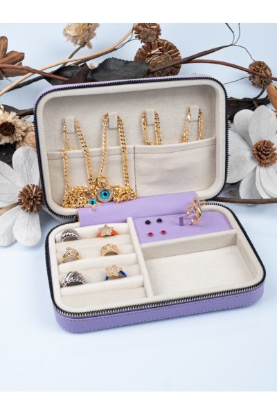 BÜYÜK BOY (14×21) DÜZENLEYİCİ TAKI SAKLAMA KUTUSU SEYAHAT MÜCEVHER ÇANTASİ DERİ AHŞAP KASA BÜYÜKBOY LİLA