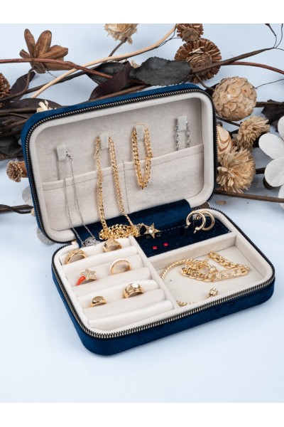 BÜYÜK BOY (14×21) DÜZENLEYİCİ TAKI SAKLAMA KUTUSU SEYAHAT MÜCEVHER ÇANTASİ DERİ AHŞAP KASA BÜYÜK BOY KADİFE LACİVERT